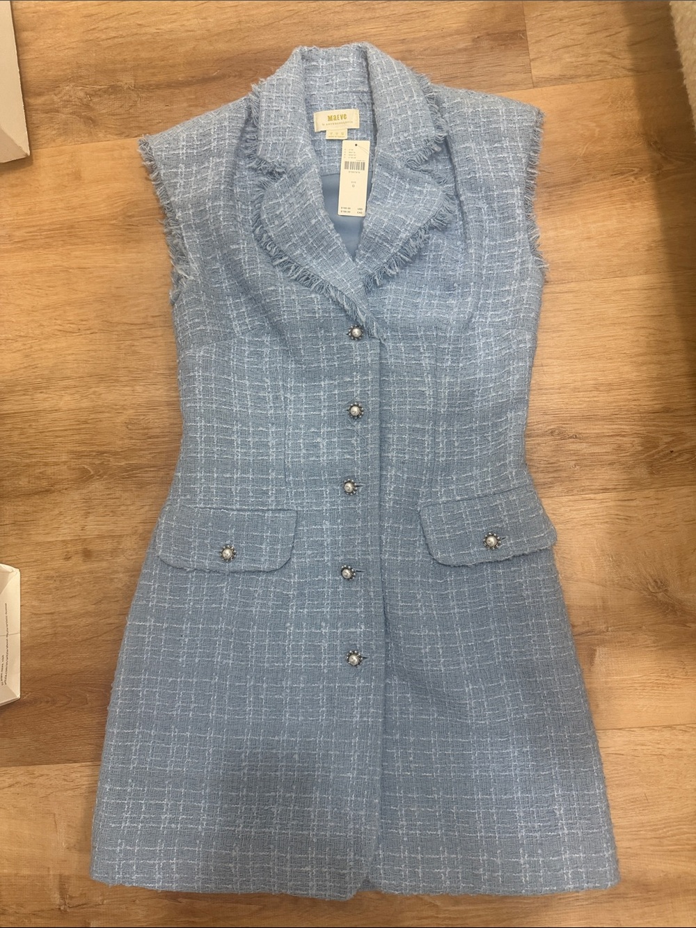 Anthropologie Light Blue Tweed Sleeveless Shift Dress with Pearl-Style Buttons